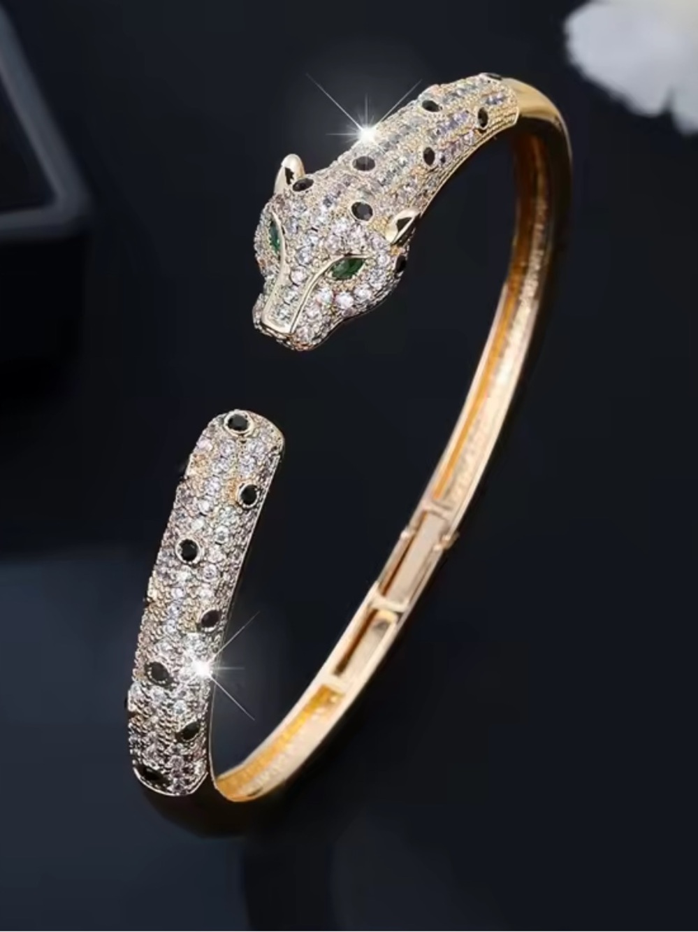 Gold Crystal Panther Cuff Bracelet with Green Eyes